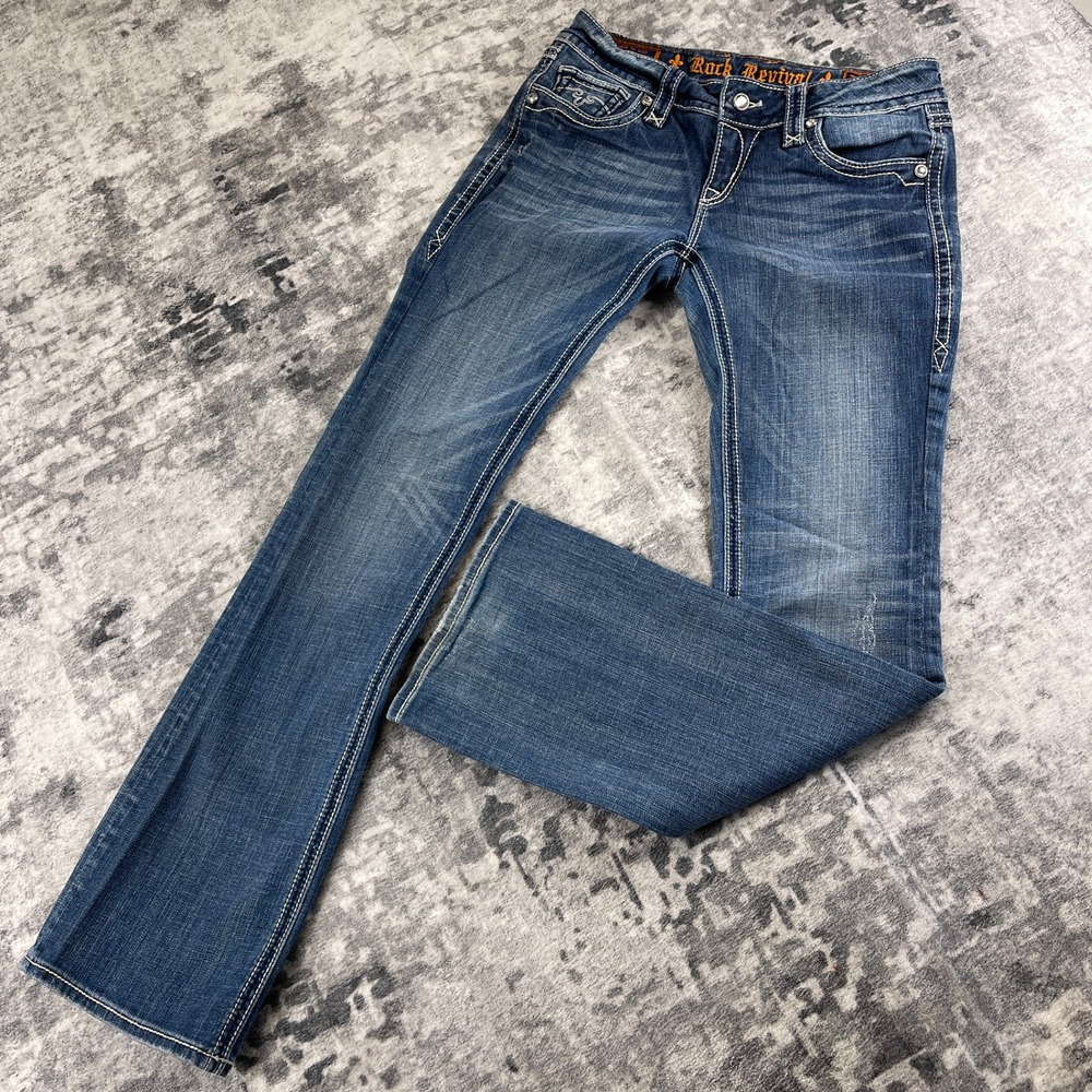 Rock Revival Women 29 Bootcut Jeans Blake 84 Blue Denim Rhinestone Fleur De Lis